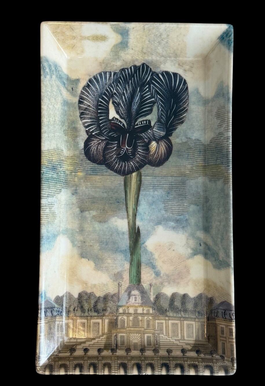 Vintage John Derian Tozai Porcelain Decoupage Rectangular Tray Iris Flower 10"